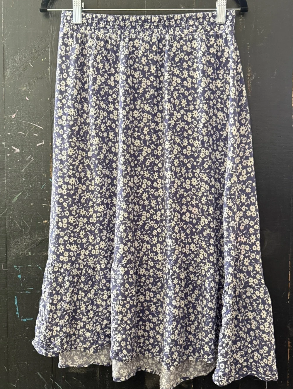 Zoe Blue White Floral Cottagecore Boho Ruffle Midi Skirt Womens M